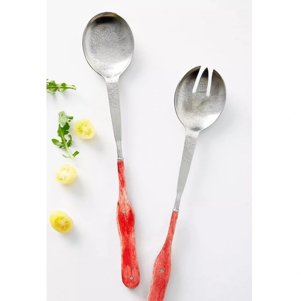 Anthropologie Laine Salad Server Set Etched Floral Pink Bone Handle discontinued